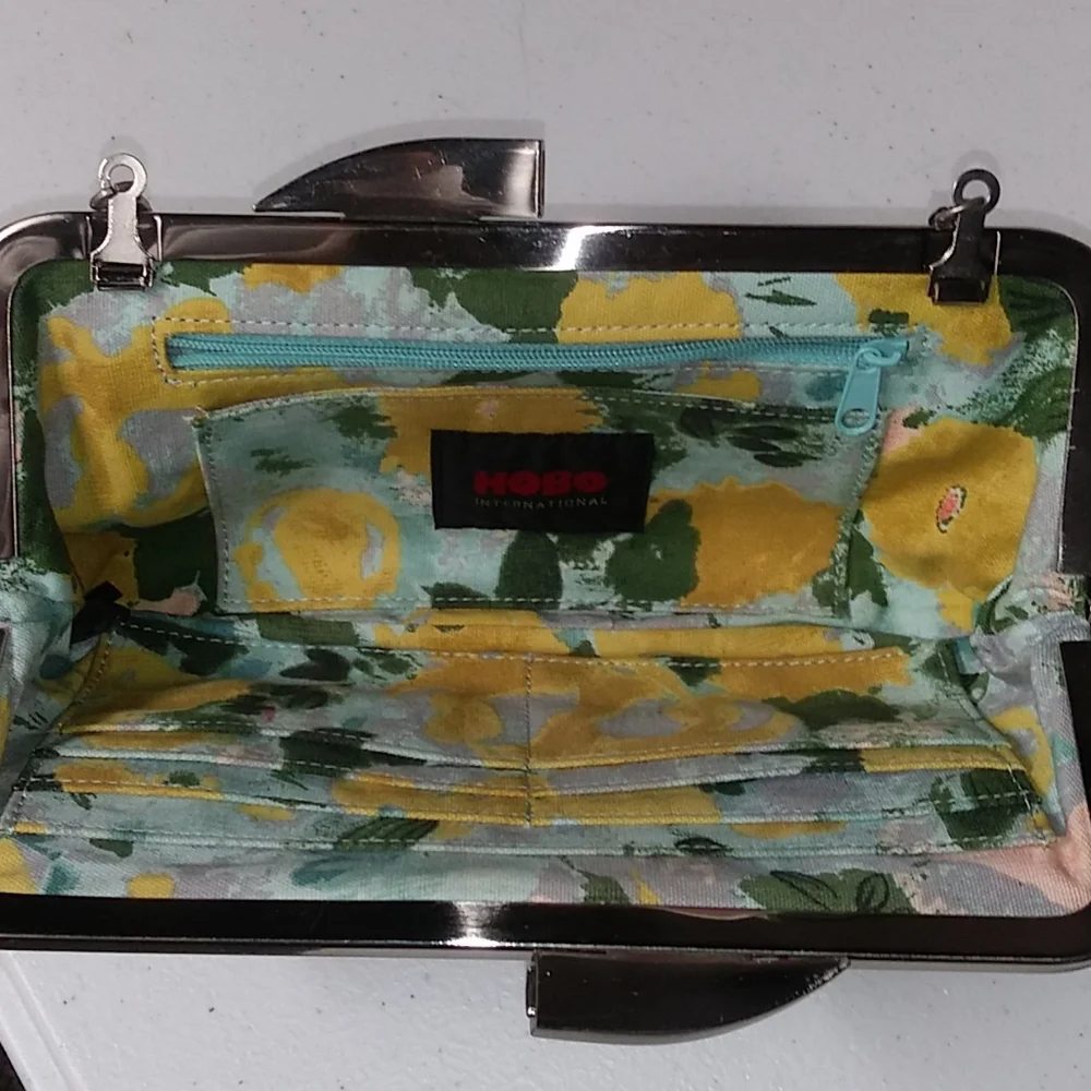 HOBO Black Leather Clutch with Silver Frame & Chain